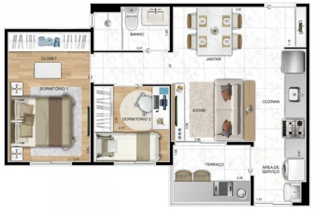 Aimberê One: 2 dorm 46m²