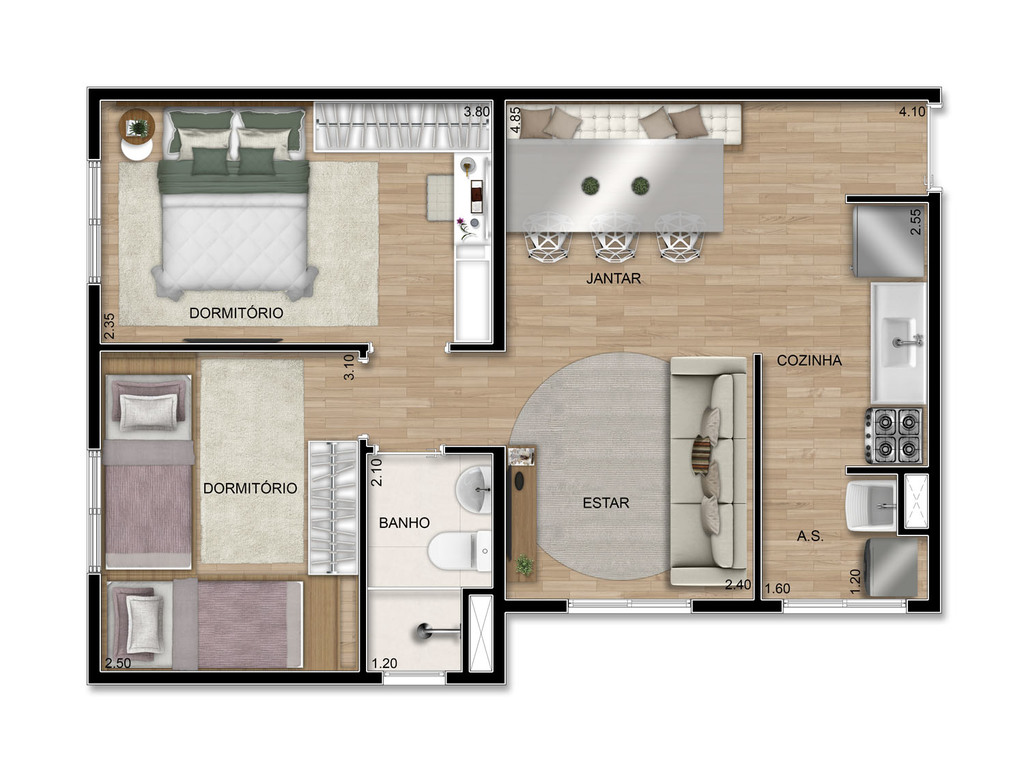 America Fase 1: 2 dorm 44m²