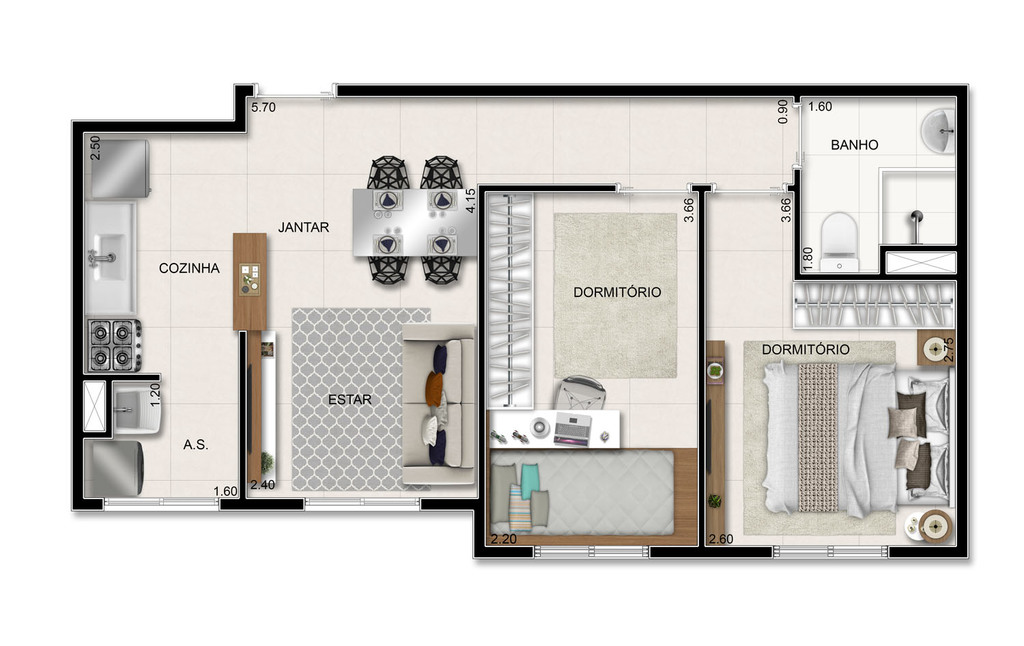 America Fase 1: 2 dorm 45m²