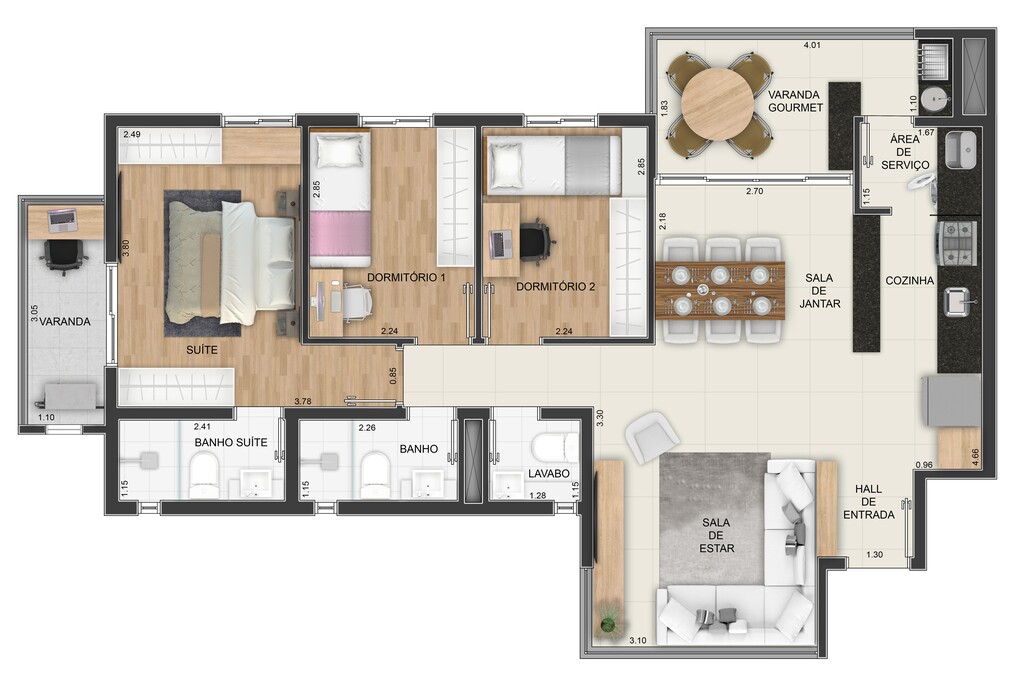 Balcony: 3 dorm 83m²