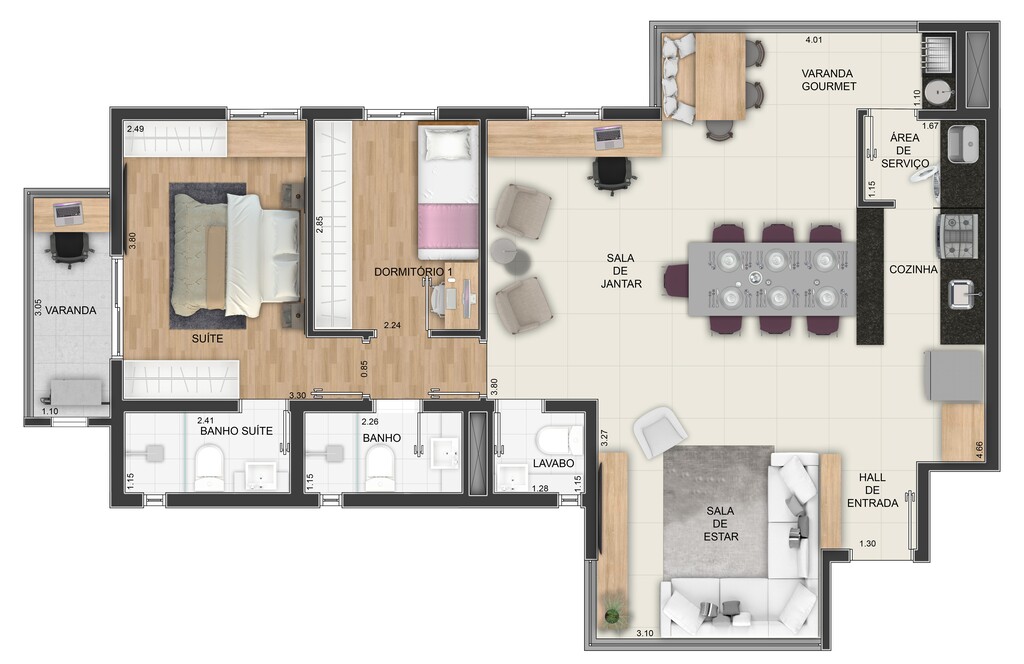 Balcony: 2 dorm 83m² opção 1
