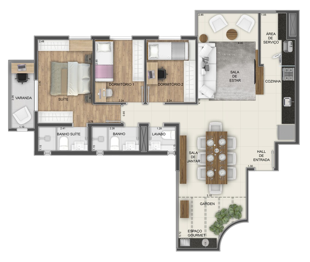 Balcony: 3 dorm 89m² garden