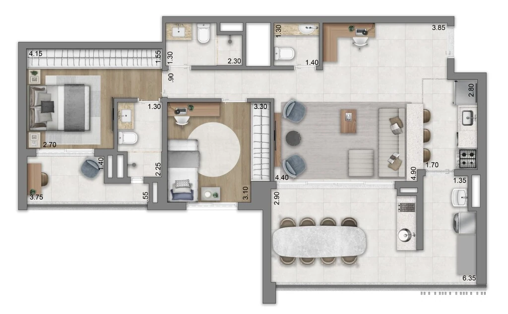 Eden West Fase 1: 2 dorm 94m² opção 1