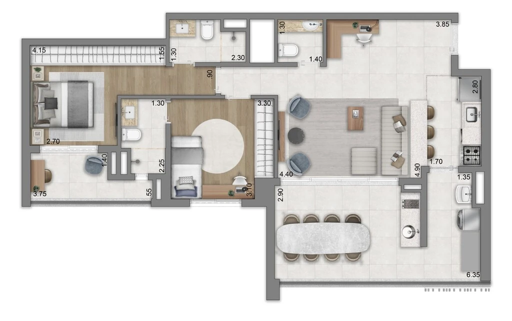 Eden West Fase 1: 2 dorm 94m² opção 2