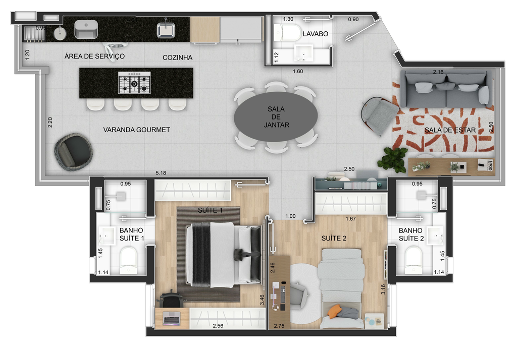 Forma: 2 dorm 67m² Varand Integrada