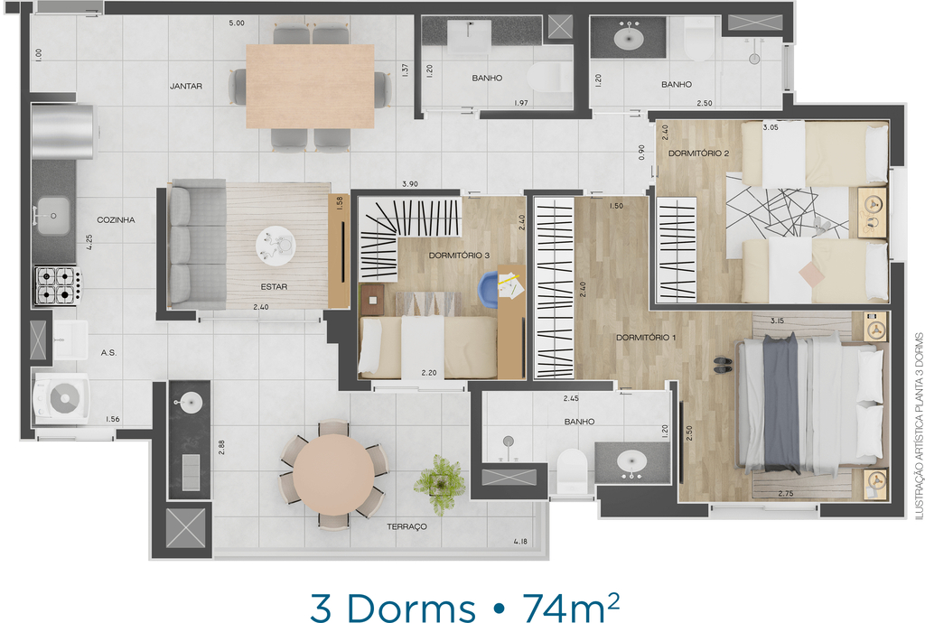Icony Campestre: 3 dorm 74m²