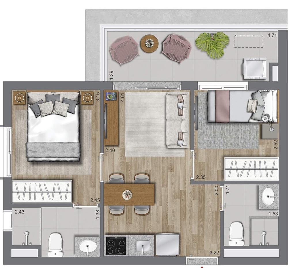 La Vida Estilo Barroco: 2 dorm 47m²