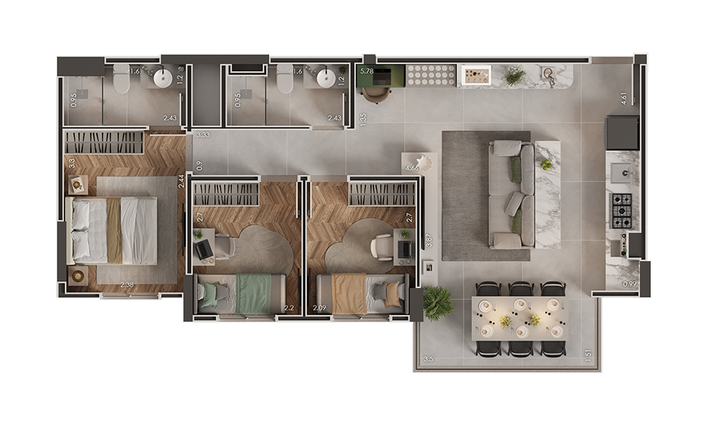 Landscape: 3 dorm 68m²