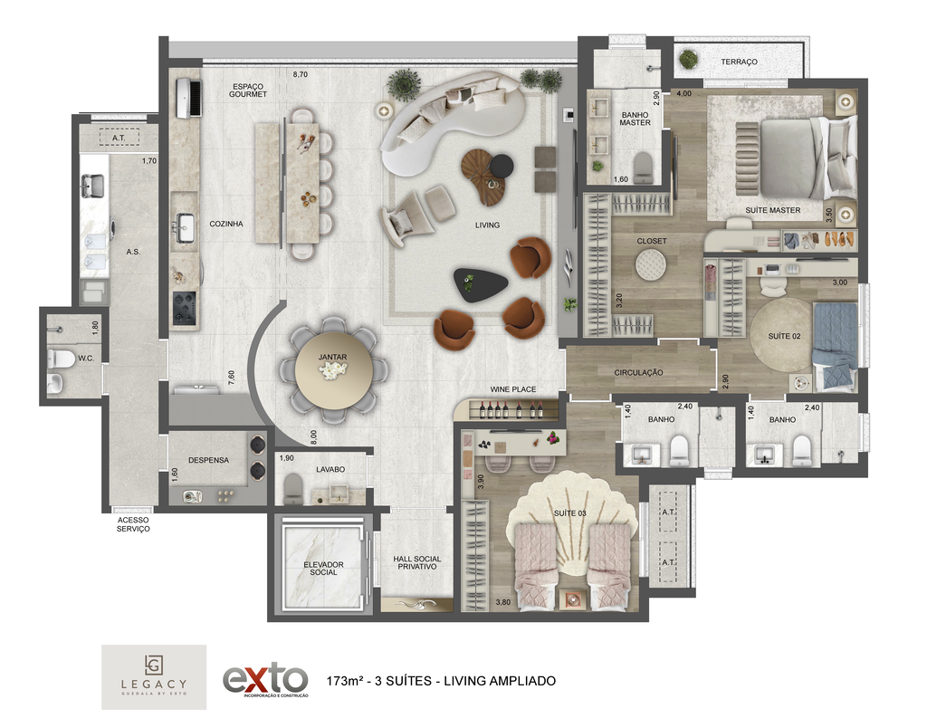 Legacy Guedala: Tipo 173 m² 3 suítes Living Ampliado