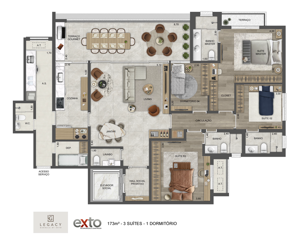 Legacy Guedala: Tipo 173 m² 3 suítes 1 dormitório