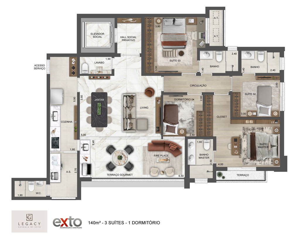 Legacy Guedala: Tipo 140 m² 3 suítes 1 dormitório