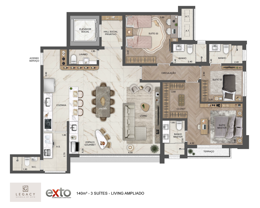 Legacy Guedala: Tipo 140 m² 3 suítes Living Ampliado