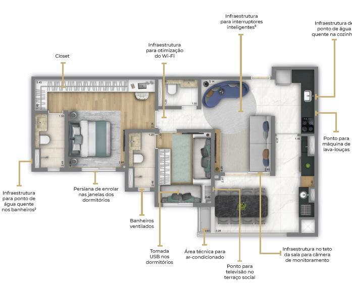 Living Grand Wish Jardim: 2 dorm 74m²
