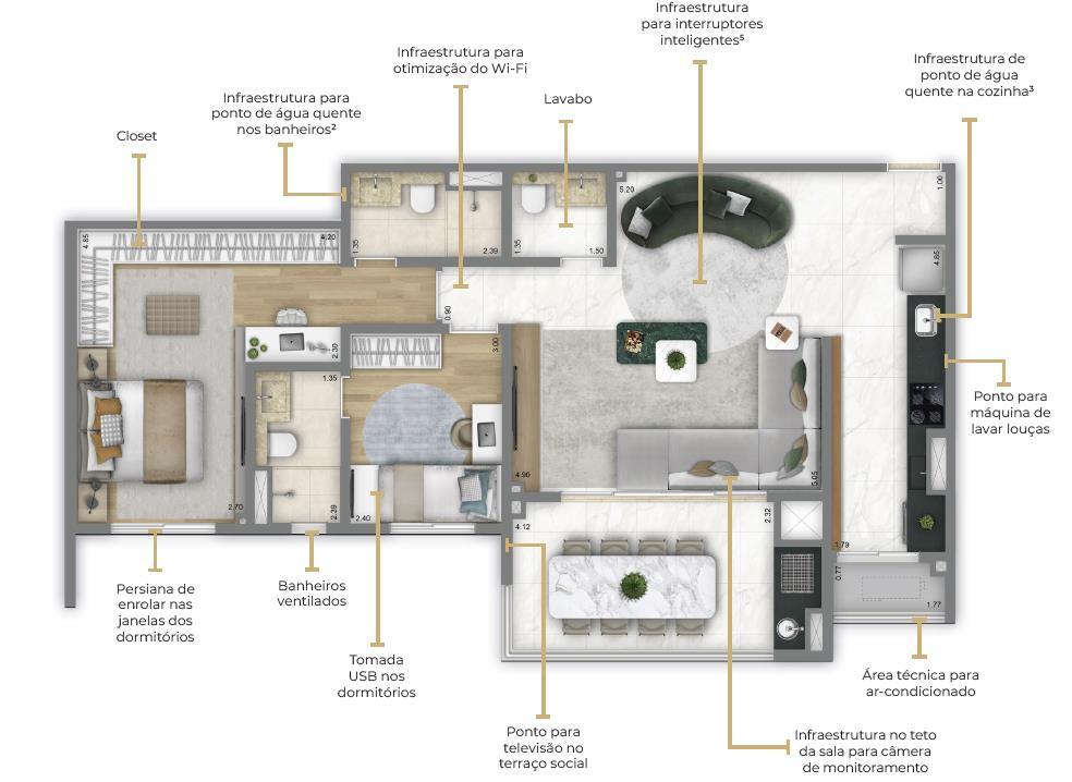 Living Grand Wish Jardim: 2 dorm 90m² opção 1