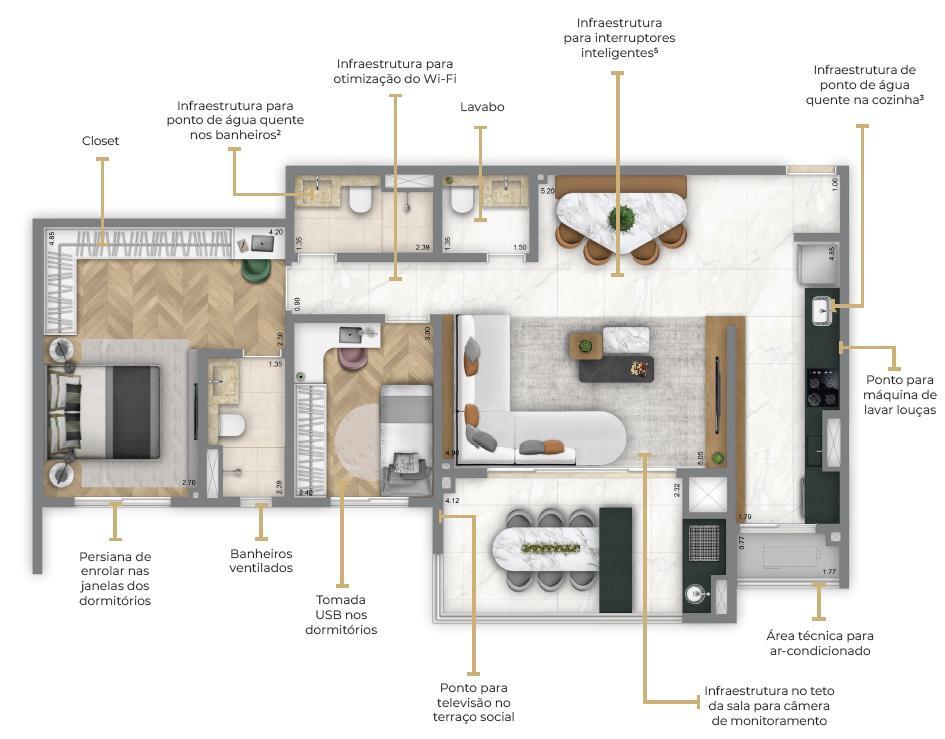 Living Grand Wish Jardim: 2 dorm 90m² opção 2