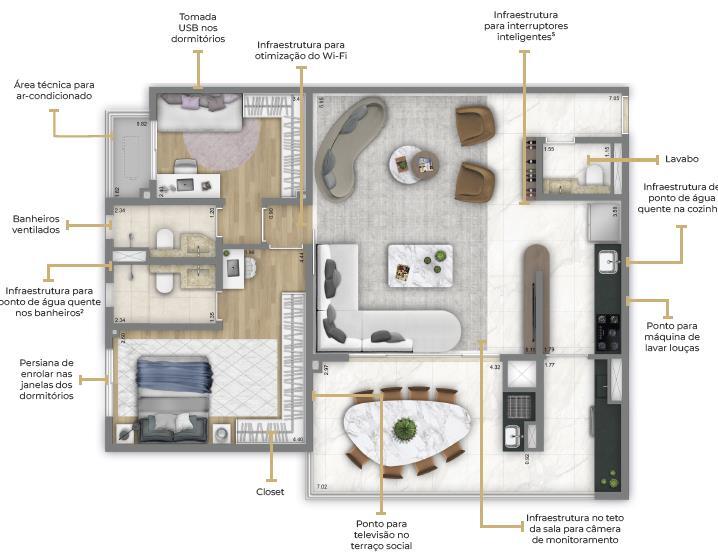 Living Grand Wish Jardim: 2 dorm 104m² opção