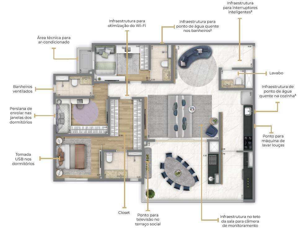 Living Grand Wish Jardim: 3 dorm 126m²