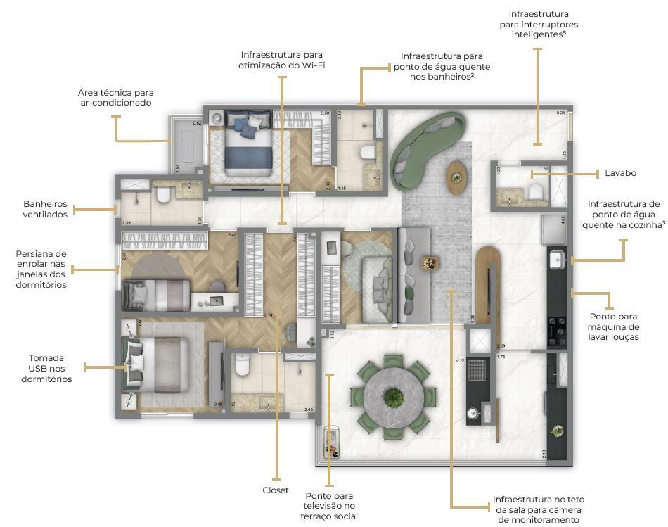 Living Grand Wish Jardim: 4 dorm 126m² opção