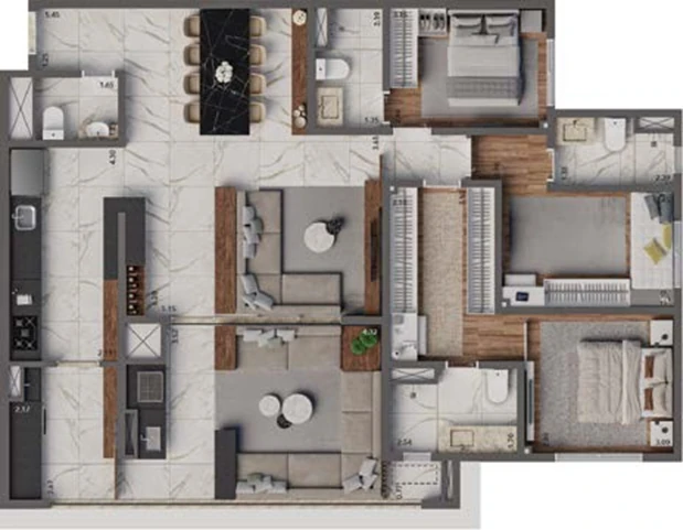 Living Hereditá: 3 dorm 125m²