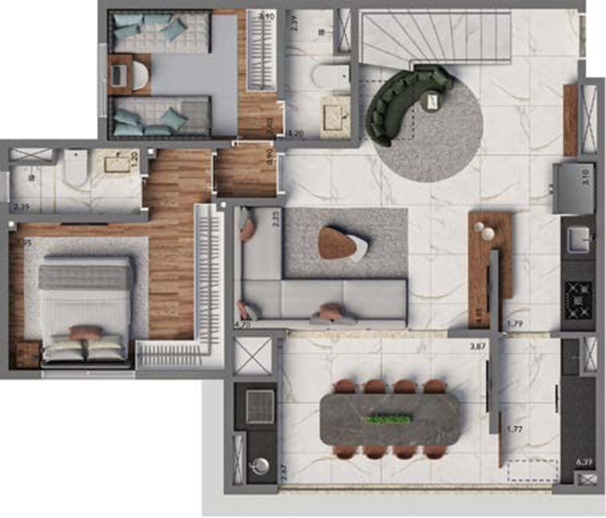 Living Hereditá: 2 dorm 157m² duplex inferior