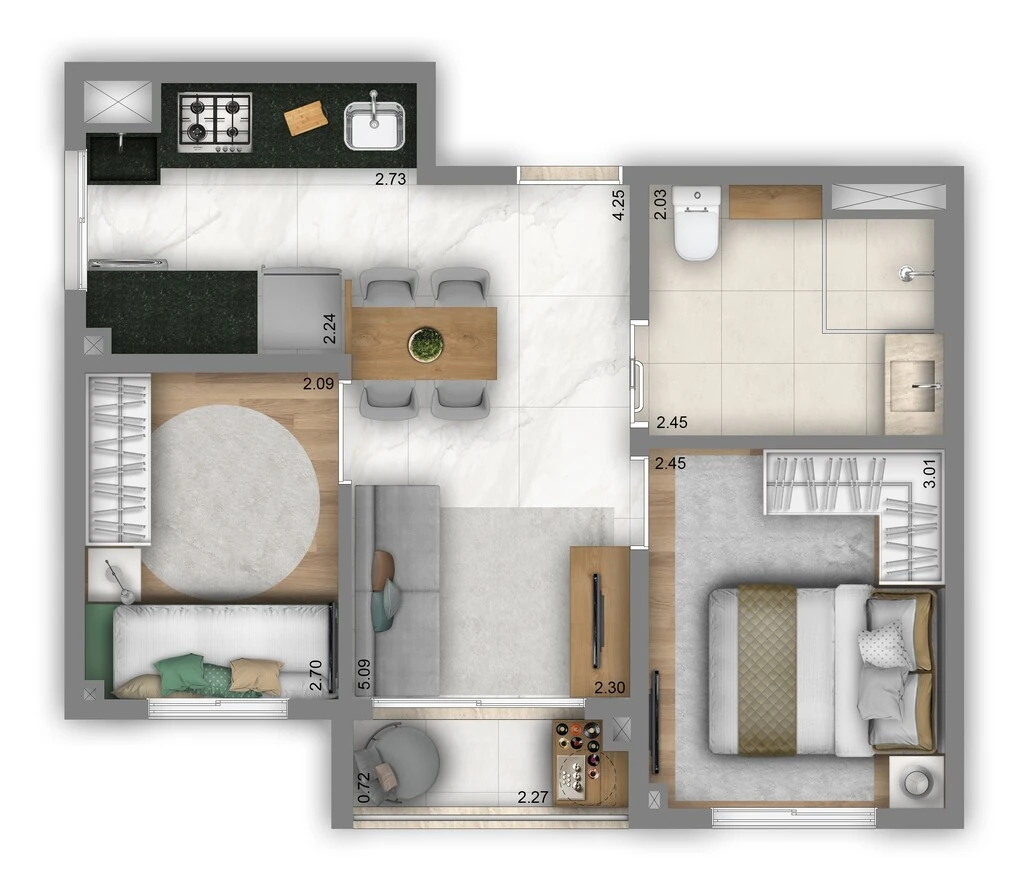 Living In Nova Klabin: 2 dorm 37m²