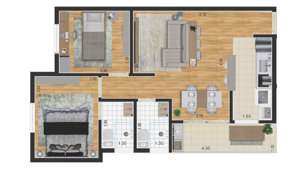Malahuia: 2 dorm 58m²