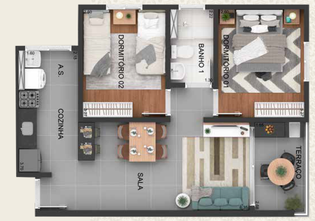Michelângelo: 2 dorm 53m²