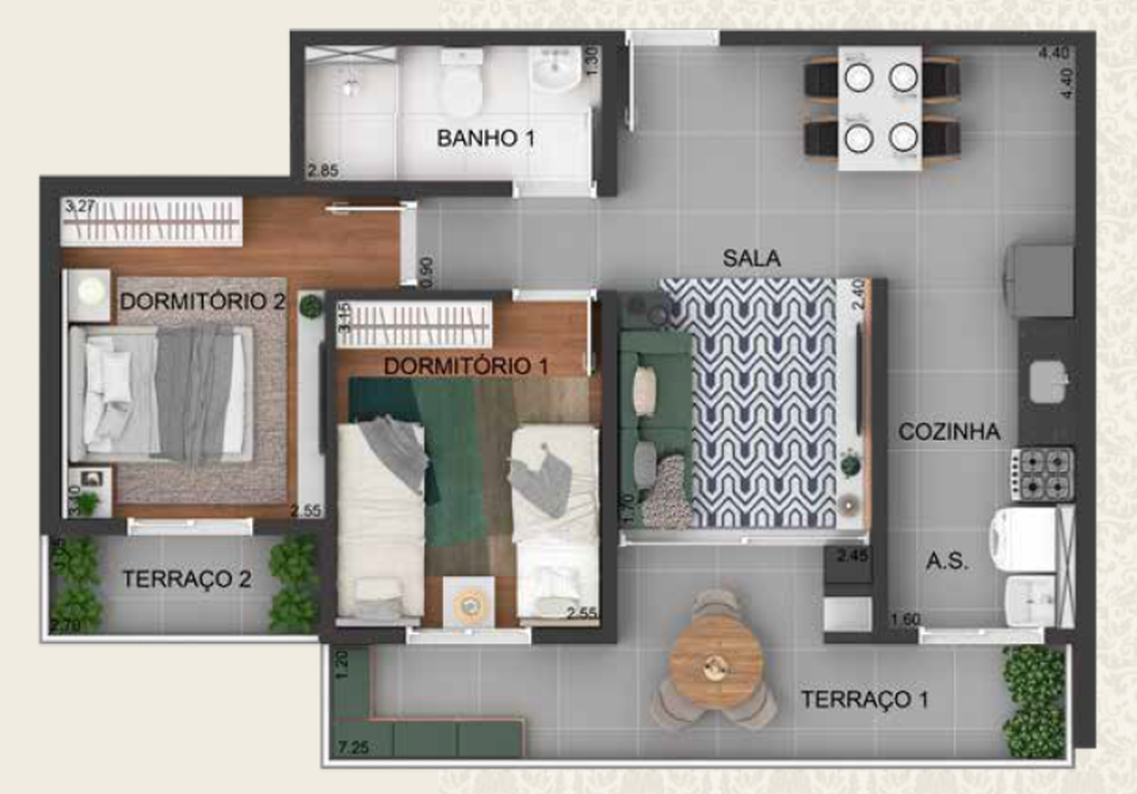 Michelângelo: 2 dorm 61m²