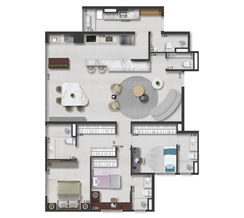Motiró Parque Central: 3 dorm 127m² opção 1