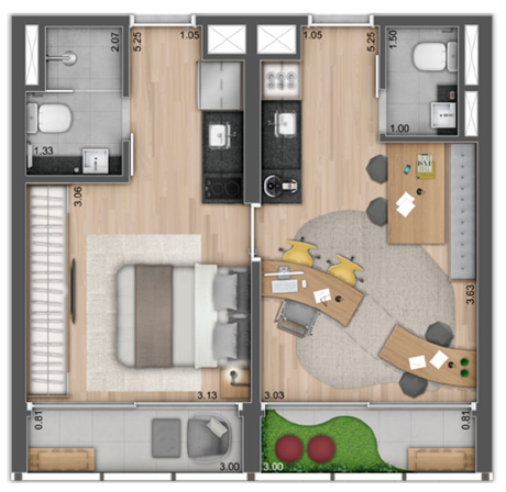Nine 3134: 1 dorm 41m² opção junção