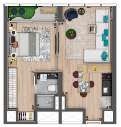 Nine 3134: 1 dorm 41m² junção