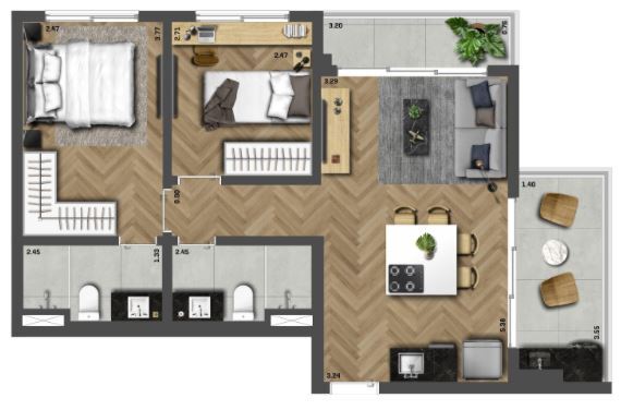 ON Jurupis: 2 dorm 60 39m²