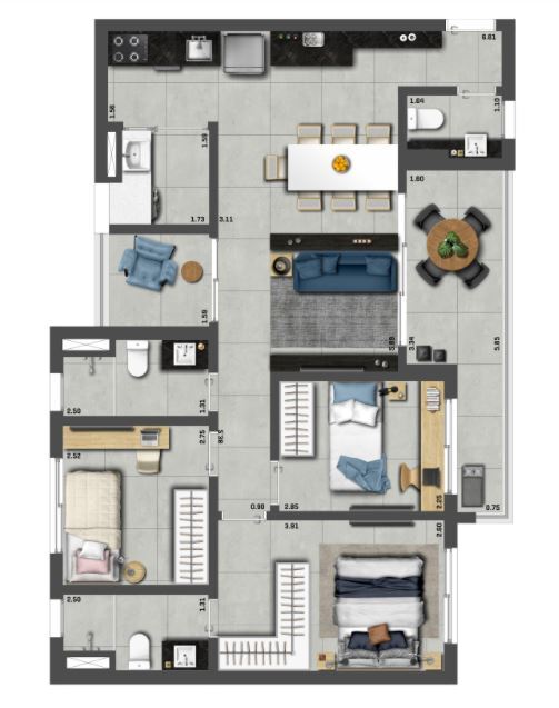 ON Jurupis: 3 dorm 85 11m²