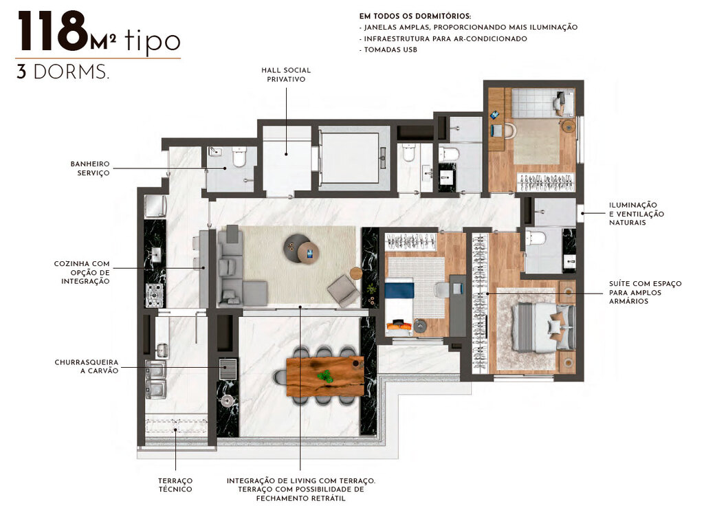 Place Klabin: Tipo 118m² 3 dorms.