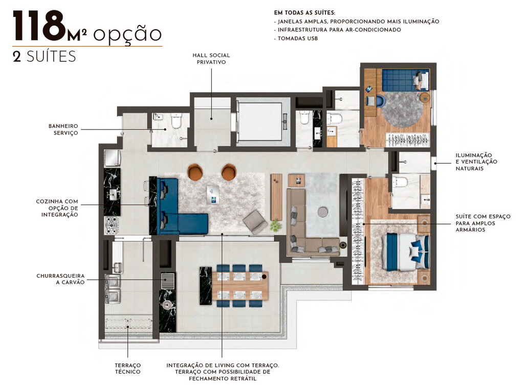 Place Klabin: Tipo 118m² opção 2 suítes