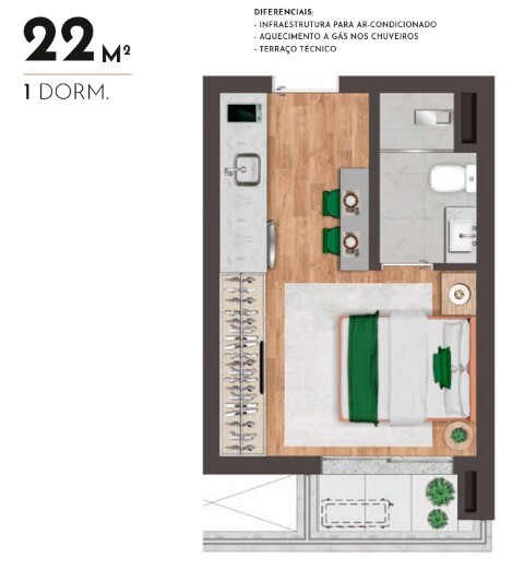 Place Klabin: Tipo 22m² 1 dorm. merge
