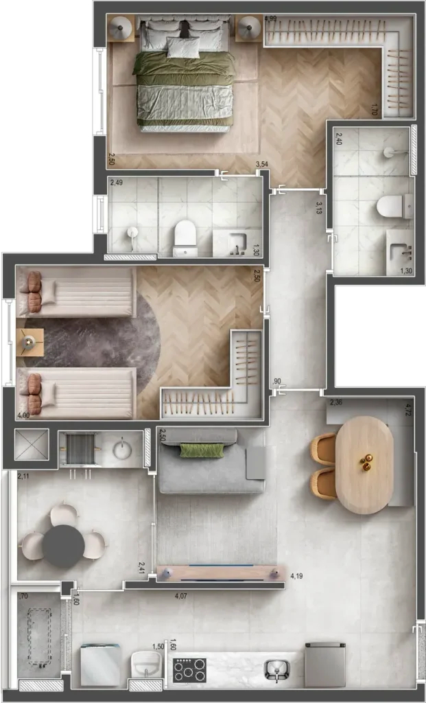 Raízes: 2 dorm 68m²