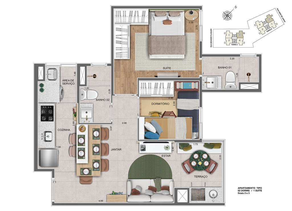 Residencial Santorino: 2 dorm 53m²