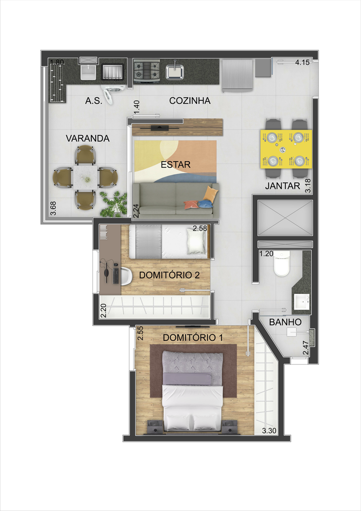 Tekoá: 2 dorm 46m²