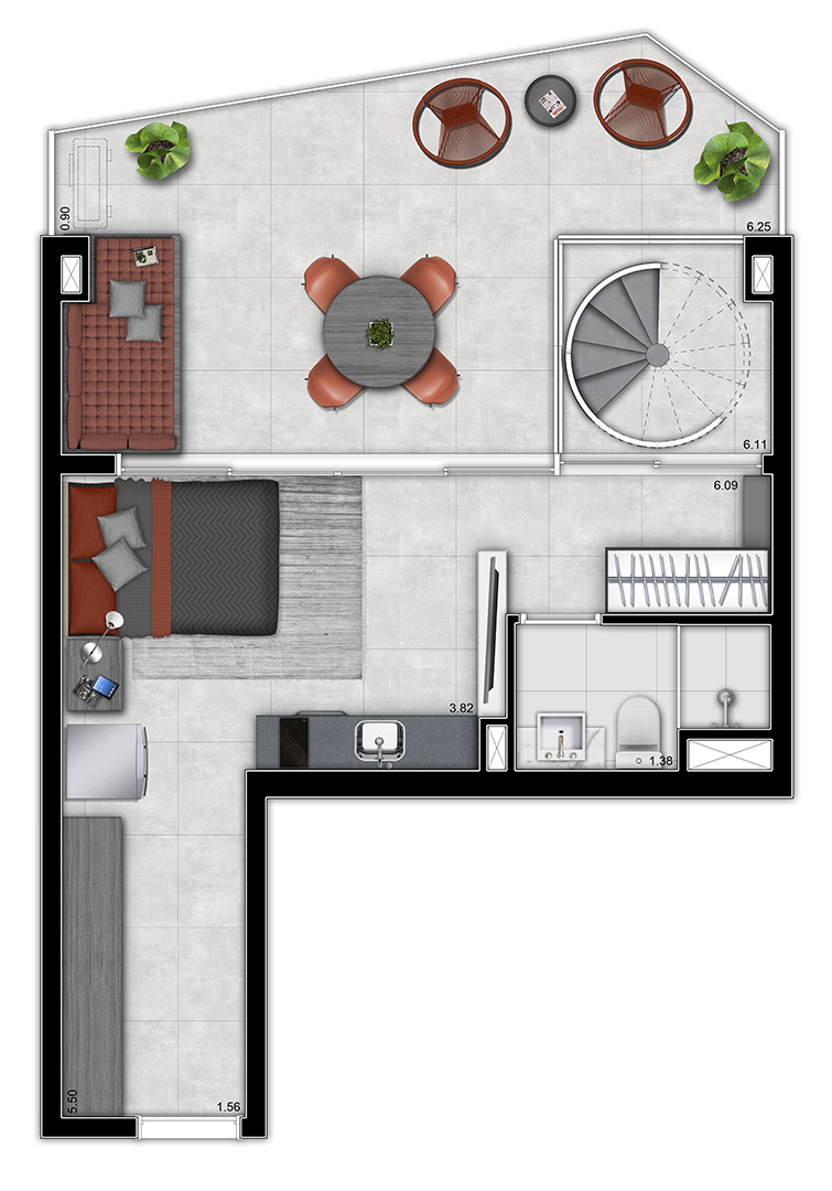 VN Millennium Faria Lima: 1 dorm 63m² cobertura pavimento inferior