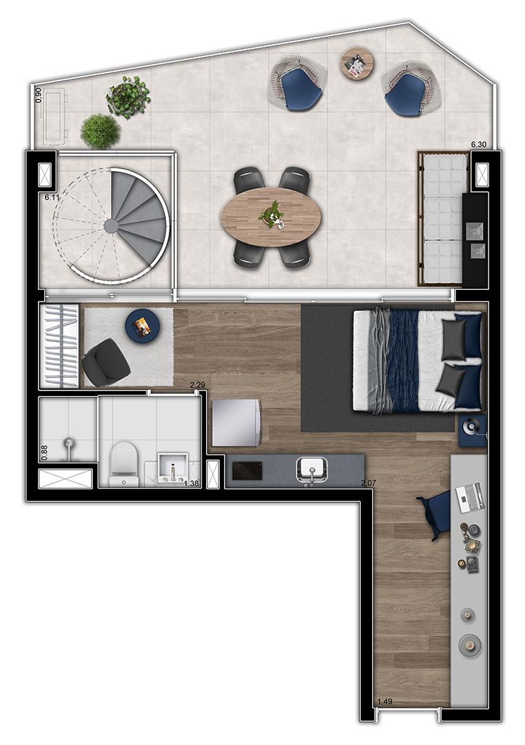 VN Millennium Faria Lima: 1 dorm 63m² cobertura pavimento inferior