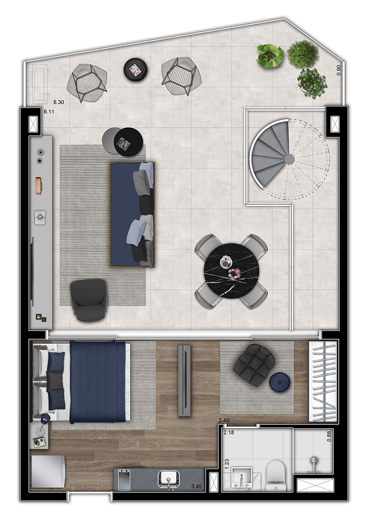 VN Millennium Faria Lima: 1 dorm 76m² cobertura pavimento inferior